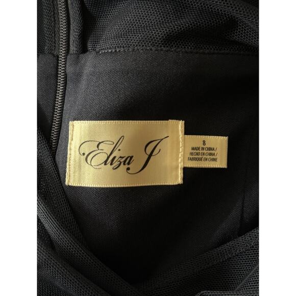 Eliza J Dress Rosette Mesh trim long sleeve gown navy size 8 - Picture 7 of 8